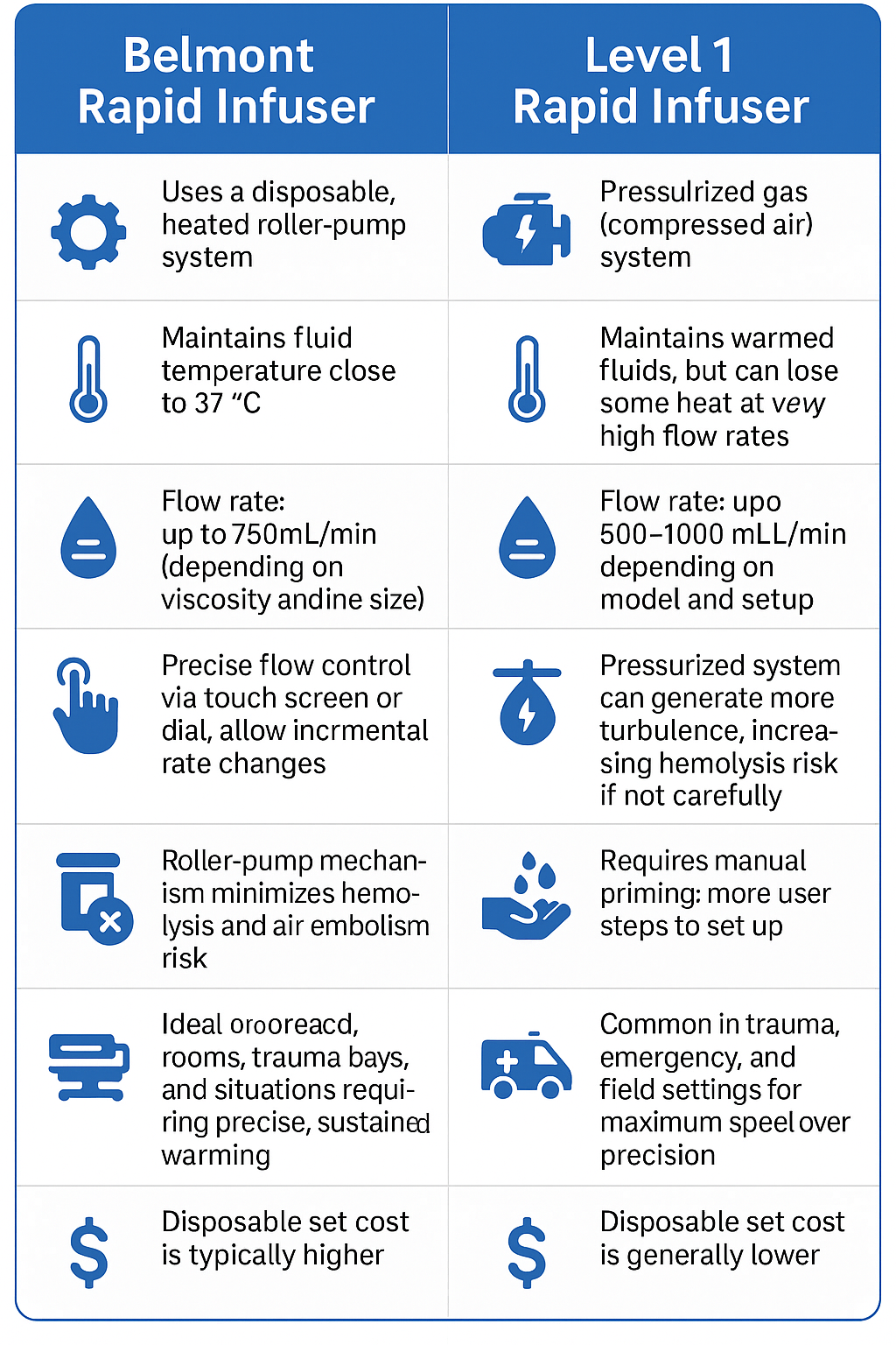 This infographic presents a side-by-side comparison of the Belmont Rapid Infuser and the Level 1 Rapid