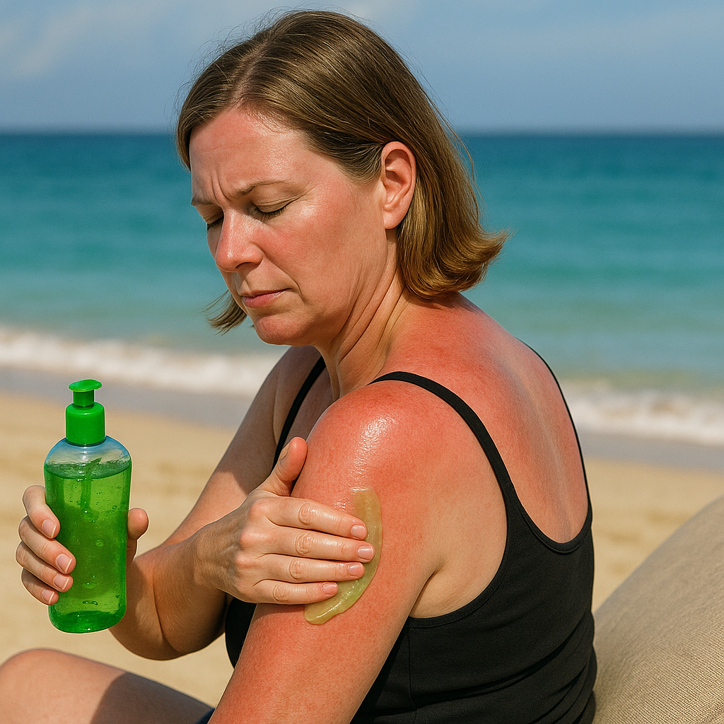 Woman rubbing her sunburn arm