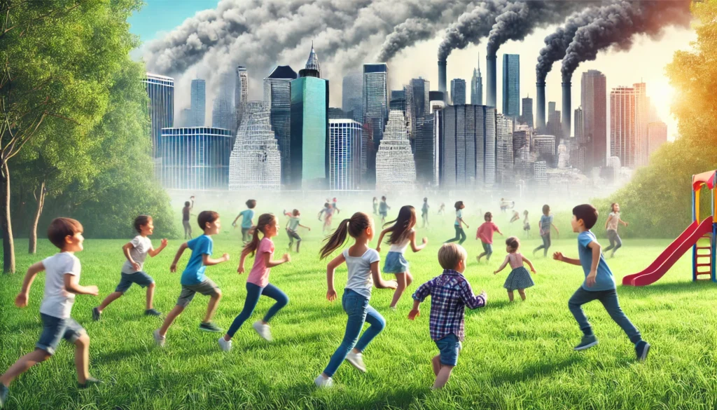 Children playing in a park next to a city with polluted air. The vibrant, clean park contrasts sharply with the background of the smog-covered cityscape, highlighting the stark difference between the two environments.