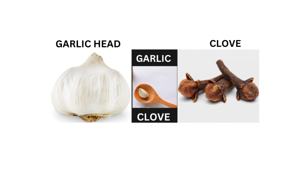 left to right garlic head, in the middle garlic clove  and three clove head