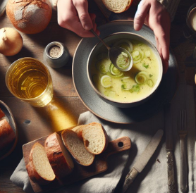 Classic leek soup on a table ,with spoon and bread on the side