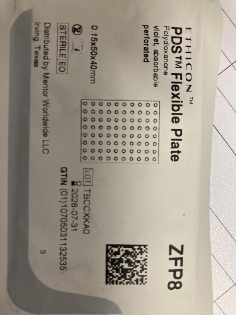 The image shows the packaging of an Ethicon™ PDS™ Flexible Plate, a medical device commonly used in craniofacial and reconstructive surgeries. Here's a detailed description of what's on the label: