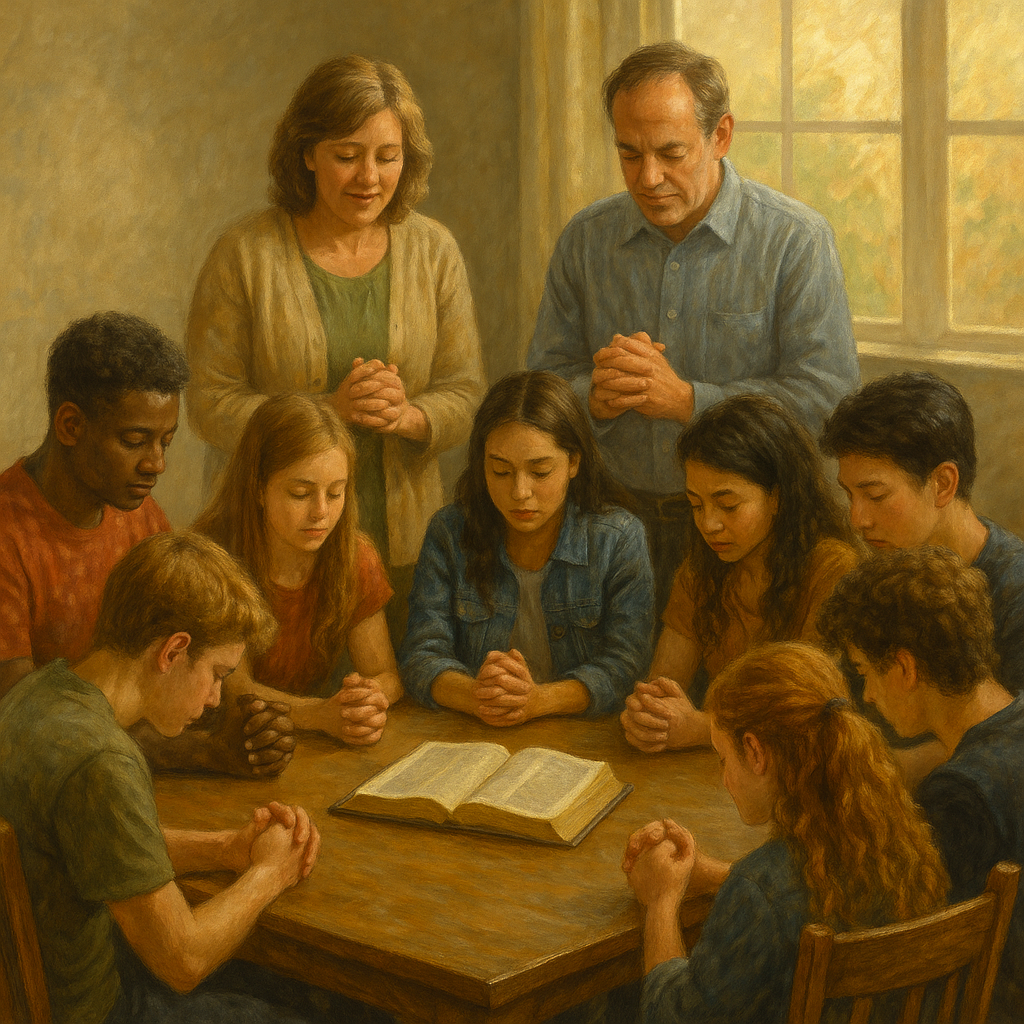Youth group praying around a table with a Bible in the center, led by a middle-aged woman and man: